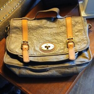 Fossil Tan and Gray Leather Messenger Bag missing Strap :-(